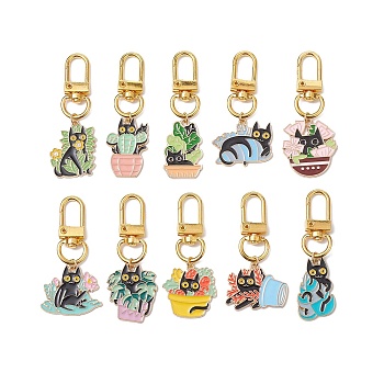 10Pcs 10 Styles Plant with Cat Alloy Enamel Pendant Decorations, Swivel Clasps Charms for Bag Ornaments, Mixed Color, 55~66mm, 1pc/style