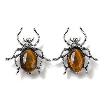 Dual-use Items Alloy Spider Brooch, with Natural Tiger Eye, Antique Silver, 42x38x12~13mm, Hole: 4.5x4mm