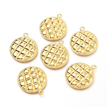 Brass Pendants, Flat Round with Grid Pattern, Real 18K Gold Plated, 26x22x3mm, Hole: 1.6mm