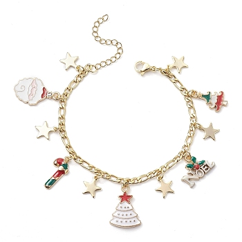 Christmas Tree Santa Claus Alloy Enamel Charm Bracelets, 304 Stainless Steel Twisted Chain Bracelets for Women, Golden, 7-1/4 inch(18.4cm)