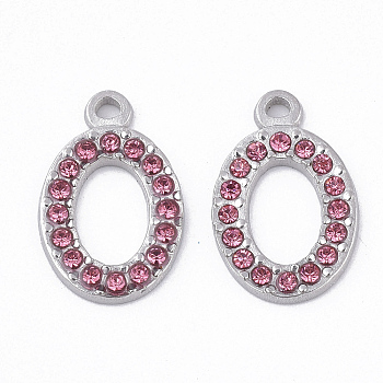 304 Stainless Steel Pendants, with Rhinestone, Oval, Rose, 18.5x11.5x2mm, Hole: 1.6mm
