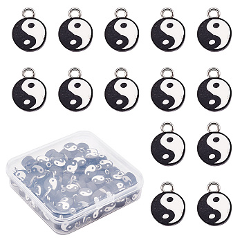 100Pcs Handmade Polymer Clay Charms, with Platinum Tone Iron Findings, Flat Round with Yin Yang, Black, 13~14x9~10x4.5mm, Hole: 1.8mm