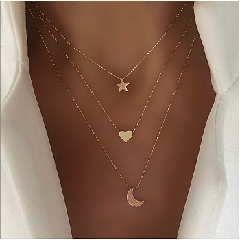 Alloy 3 Layer Necklaces for Women, Golden, Star Heart Moon, 15.35~17.72 inch(39~45cm)