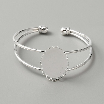 Alloy Double Wire Cuff Bangle Makings, Torque Bangle, Blank Bangle Base with Lacy Oval Tray, Platinum, Tray: 25x17.5mm, 6~26mm, Inner Diameter: 2-1/8 inch(53.5mm)
