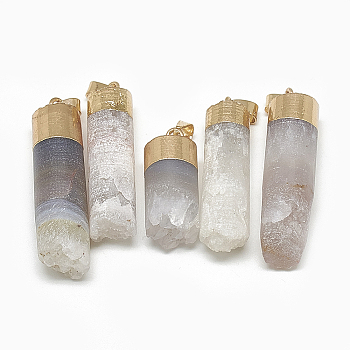 Natural Quartz Pendants, with Brass Findings, Electroplate, Column,Dyed, Golden, WhiteSmoke, 30~47x10~14mm, Hole: 5x4mm