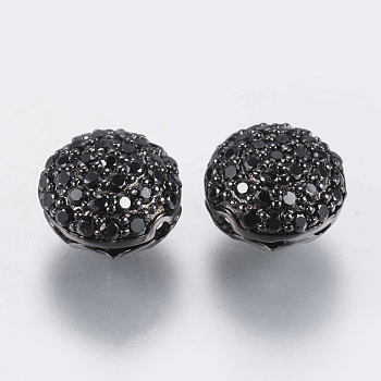 Brass Micro Pave Cubic Zirconia Beads, Hollow Rondelle, Black, Gunmetal, 8.5x5mm, Hole: 1mm