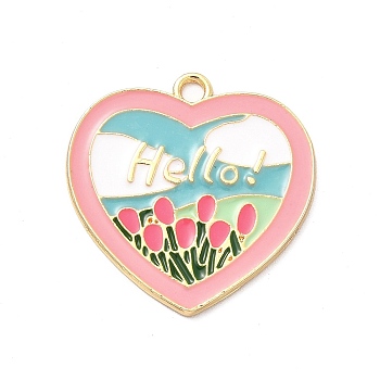 Alloy Enamel Pendants, Golden, Heart with Tulip and Word Hello Charm, Colorful, 26x26x1.6mm, Hole: 2mm