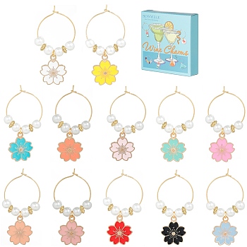 Alloy Enamel Wine Glass Charms, with Brass Hoop Earring Findings and Glass Pearl & Alloy Bead, Sakura Flower, Mixed Color, 53mm, 12 color, 1pc/color, 12pcs/set