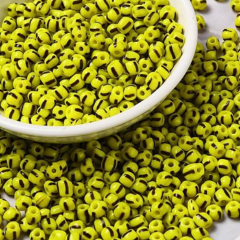 8/0 Opaque Colours Seep Glass Seed Beads, Round Hole, Round with Stripe Pattern, Yellow Green, 3~3.5x2~3mm, Hole: 1mm, about 450g/bag