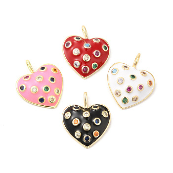 Real 16K Gold Plated Brass Micro Pave Colorful Cubic Zirconia Pendants, with Enamel, Heart Charms, Mixed Color, 17x14x3.5mm, Hole: 3.5x1.5mm