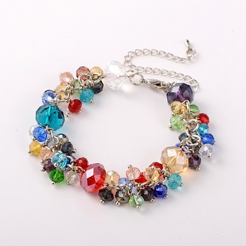 Trendy Faceted Glass Beads Bracelets, with Brass Lobster Claw Clasps and Iron End Chains, Mixed Color, 190mm