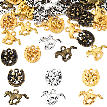 48Pcs 6 Styles Tibetan Style Alloy Pendants, Horse & Horseshoes with Clover Charms, Mixed Color, 14~16x15~21x2mm, Hole: 2~2.5mm, 8pcs/style