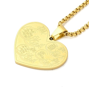 304 Stainless Steel Box Chain Arabic Heart Pendant Necklaces for Women, Real 18K Gold Plated, 23.35 inch(59.3cm)