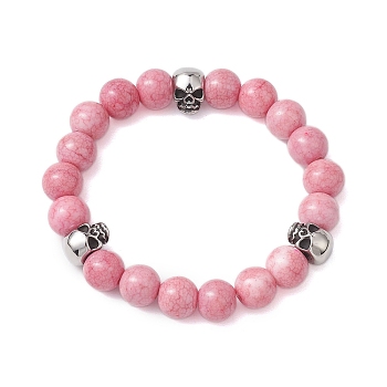 10mm Round Opaque Crackle Glass Beaded Stretch Bracelets, 304 Stainless Steel Halloween Skull Bracelets, Pearl Pink, Inner Diameter: 2 inch(5.2cm)