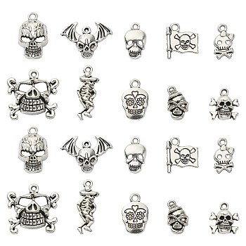 100Pcs 10 Styles Tibetan Style Alloy Pendants, Skull, Antique Silver, 16~24x9~23x2~7mm, 10pcs/style