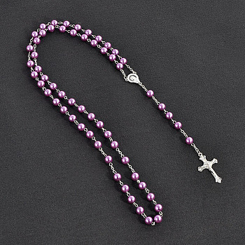 Long Handmade Imitation Pearl Cross Pendant Lariat Necklace Unisex Tassel Sweater Chain Necklaces, Medium Orchid