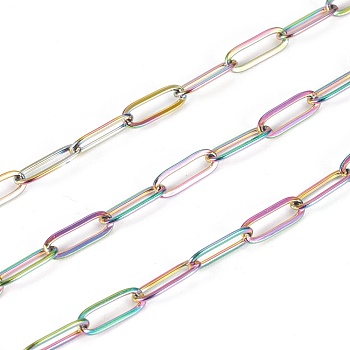 Ion Plating(IP) 304 Stainless Steel Paperclip Chains, Drawn Elongated Cable Chains, Soldered, with Spool, Rainbow Color,10x3.5x0.8mm, about 32.8 Feet(10m)/roll