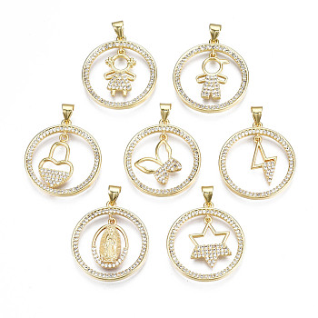 Brass Micro Pave Clear Cubic Zirconia Pendants, Mixed Style, Nickel Free, Flat Round, Real 16K Gold Plated, 30x28x2mm, Hole: 3.5x4mm