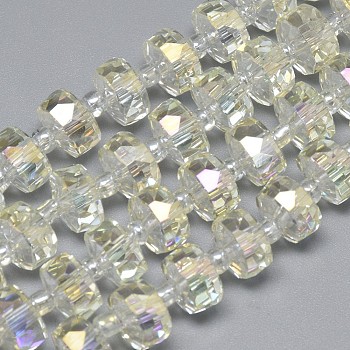 Electroplate Glass Beads Strands, Rainbow Plated, Faceted, Flat Round, Light Goldenrod Yellow, 7~8x5mm, Hole: 1mm, about 80pcs/strand, 21.26 inch