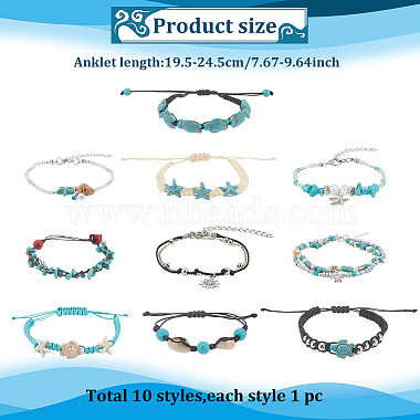 Anattasoul 10 pcs 10 style synthétique turquoise et coquillage naturel et graine bracelet et bracelet de cheville en perles tressées(AJEW-AN0007-10)-7