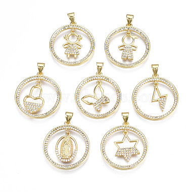 Real 16K Gold Plated Clear Flat Round Brass+Cubic Zirconia Pendants