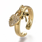 Brass Micro Pave Clear Cubic Zirconia Cuff Rings, Open Rings, Cadmium Free & Lead Free, Heart Lock with Clover, Real 18K Gold Plated, Size 7, Inner Diameter: 17mm(RJEW-F105-04G)
