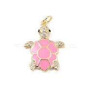 Rack Plating Brass Micro Pave Cubic Zirconia Pendants, with Enamel & Jump Ring, Cadmium Free & Lead Free, Long-Lasting Plated, Real 18K Gold Plated, Sea Turtle Charm, Pink, 22.5x17x3mm, Hole: 3.2mm(KK-C021-01G-05)