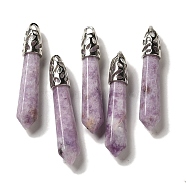 Natural Lepidolite Pointed Big Pendants, Faceted Bullet Charms with Rack Plating Platinum Plated Brass Findings, 56~65x11~11.5x10~10.5mm, Hole: 4X3mm(G-Z055-01P-11)