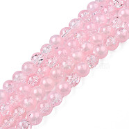 Translucent Crackle Glass Beads Strands, with Glitter Powder, Round, Pink, 8x7.5mm, Hole: 1mm, about 100~105Pcs/strand, 31.50 inch~33.07 inch(80cm~84cm)(CCG-T003-01B)