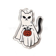 Printed Acrylic Pendants, Cat with Pumpkin Charm, White, 43x28x2.2mm, Hole: 1.8mm(X-SACR-F005-02B)