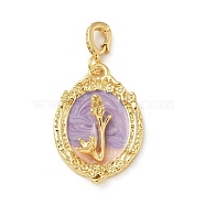 Brass Pendants, with Enamel, Oval with Flower Charm, Real 18K Gold Plated, Lilac, 31x21.5x7mm, Hole: 5x3.5mm(KK-R210-07G-02)