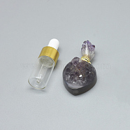 Natural Amethyst(Random Size) Openable Perfume Bottle Pendants, with Brass Findings and Glass Essential Oil Bottles, 41~54x24~29x18~19mm, Hole: 1.2mm, Glass Bottle Capacity: 3ml(0.101 fl. oz), Gemstone Capacity: 1ml(0.03 fl. oz)(G-E556-10A)