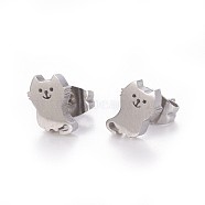 304 Stainless Steel Stud Earrings, Hypoallergenic Earrings, with Ear Nuts/Earring Back, Cat, Stainless Steel Color, 8x6mm, Pin: 0.8mm(X-EJEW-F227-10P)