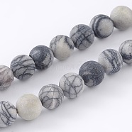 Round Frosted Natural Black Silk Stone/Netstone Bead Strands, 8mm, Hole: 1mm, about 46pcs/strand, 15.1 inch(G-M248-8mm-03)