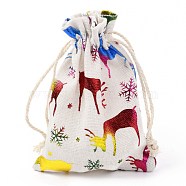 Christmas Theme Cotton Fabric Cloth Bag, Drawstring Bags, for Christmas Party Snack Gift Ornaments, Deer Pattern, 14x10cm(ABAG-H104-B07)