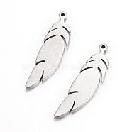 304 Stainless Steel Pendants, Feather, Stainless Steel Color, 20x6x1mm, Hole: 0.5mm(STAS-S054-60)