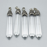 Natural Quartz Crystal Big Pendants, with Rhinestone and Brass Findings, Platinum, Jet, 58~62x9~10x10~11mm, Hole: 7x4mm(G-S334-066F)