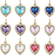 SUPERFINDINGS 12Pcs 6 Colors Brass Micro Pave Cubic Zirconia Charms, Heart, Golden, Mixed Color, 12.5x10x6.5mm, Hole: 3.6mm, 2pcs/color(KK-FH0003-21)