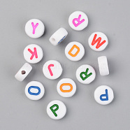 Opaque White Acrylic Beads, with Enamel, Horizontal Hole, Flat Round with Random Initial Letter, Mixed Color, 9.5x4.5mm, Hole: 2mm, 1580pcs/500g(SACR-T338-12)
