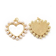 Shell Pendants, Heart Charms, with ABS Imitation Pearl and Brass Findings, Golden, 24x25x4.5mm, Hole: 3mm(KK-H441-40G)