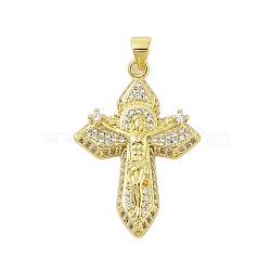 Cross Theme Rack Plating Brass Micro Pave Cubic Zirconia  Pendants, Long-Lasting Plated, Lead Free & Cadmium Free, Cross with Jesus, Real 18K Gold Plated, 33x23x6mm, Hole: 3.5x5mm(KK-Z074-61G)