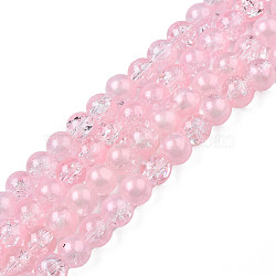 Translucent Crackle Glass Beads Strands, with Glitter Powder, Round, Pink, 8x7.5mm, Hole: 1mm, about 100~105Pcs/strand, 31.50 inch~33.07 inch(80cm~84cm)(CCG-T003-01B)
