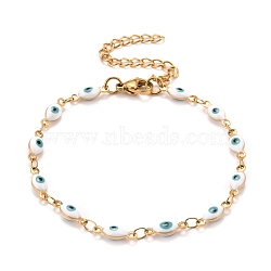 Enamel Horse Eye Link Chains Bracelet, Vacuum Plating 304 Stainless Steel Jewelry for Women, Golden, White, 6-3/4 inch(17.1cm)(BJEW-P271-05G-03)