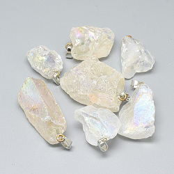 Electroplate Rough Raw Natural Quartz Crystal Pendants, with Iron Bails, Nuggets, Platinum, Clear, 25~48x17~28x10~24mm, Hole: 6x3mm(G-S266-02G)