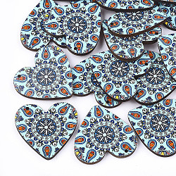 Printed Basswood Pendants, Back Random Color, Heart, Sky Blue, 33x34.5x3mm, Hole: 1.6mm(WOOD-S045-011D)