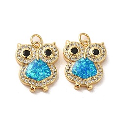 Brass Micro Pave Cubic Zirconia with Synthetic Opal Pendants, with Jump Ring, Owl, Real 18K Gold Plated, 18x14.5x3mm(KK-D096-14G)