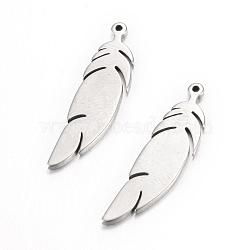 Tarnish Resistant 304 Stainless Steel Pendants, Feather, Stainless Steel Color, 20x6x1mm, Hole: 1mm(STAS-S054-60)