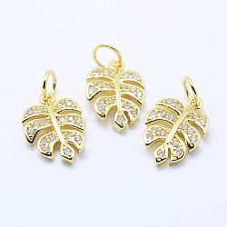 Brass Micro Pave Cubic Zirconia Charms, Tropical Leaf Charms, Monstera Leaf, Lead Free & Nickel Free & Cadmium Free, Golden, 14x9.5x2mm, Hole: 3mm(KK-P133-04G-NR)