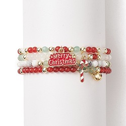 4Pcs 4 Style Natural & Synthetic Mixed Gemstone Stretch Bracelets Set, Word Merry Christmas Alloy Enamel & Brass Bell Charms Stackable Bracelets for Women, Inner Diameter: 2-1/4 inch(5.6cm), 1Pc/style(BJEW-JB09212)