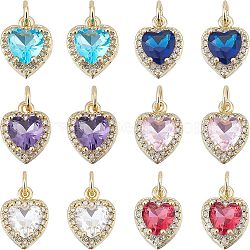 SUPERFINDINGS 12Pcs 6 Colors Brass Micro Pave Cubic Zirconia Charms, Heart, Golden, Mixed Color, 12.5x10x6.5mm, Hole: 3.6mm, 2pcs/color(KK-FH0003-21)